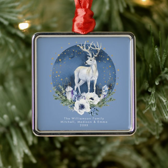 Winter Solstice Holiday Deer Blue White Christmas  Metal Ornament (Tree)