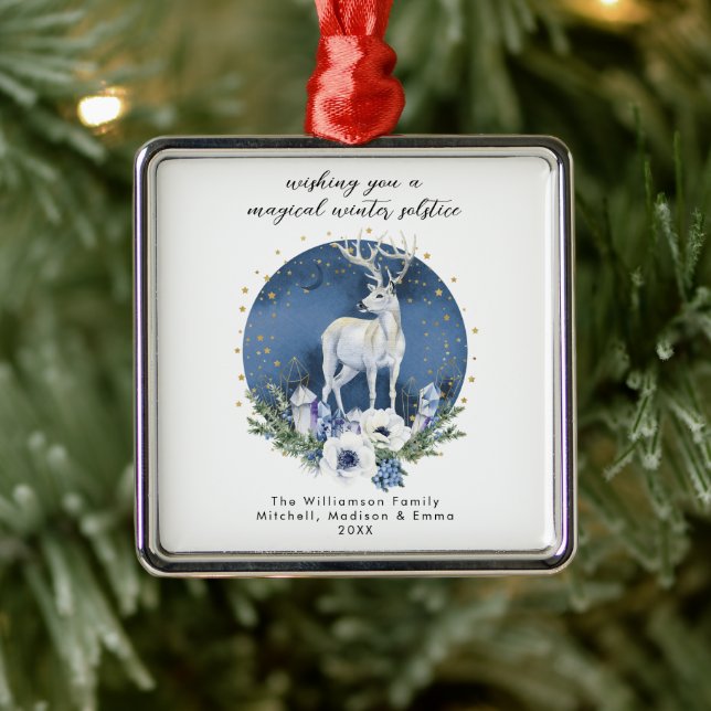 Winter Solstice Holiday Deer Blue White Christmas  Metal Ornament (Tree)