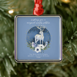 Winter Solstice Holiday Deer Blue White Christmas  Metal Ornament
