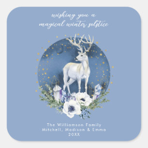 Winter Solstice Holiday Deer Blue White Christmas Square Sticker