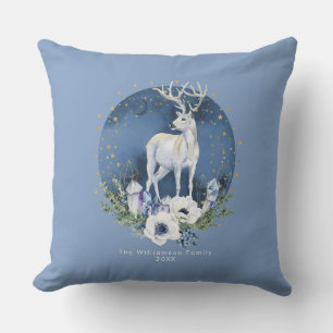 Winter Solstice Holiday Deer Blue White Christmas  Throw Pillow