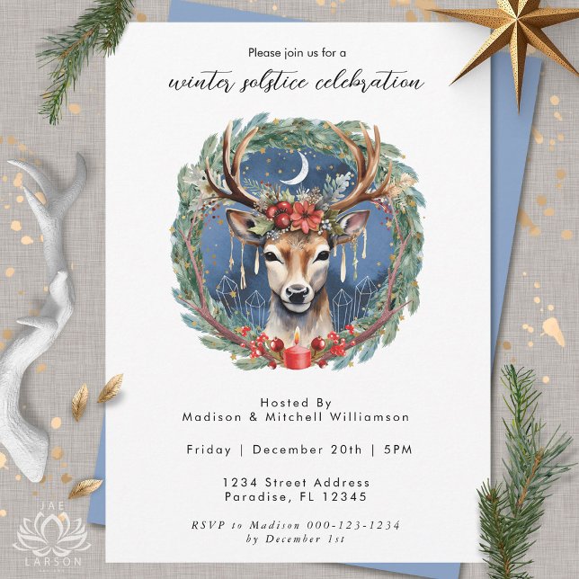 Winter Solstice Holiday Deer Red Berries Christmas Invitation (Creator Uploaded)