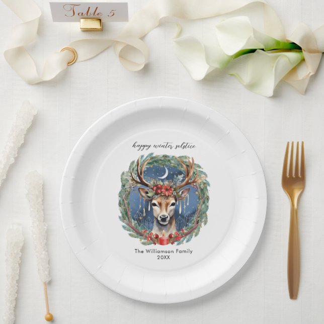 Winter Solstice Holiday Deer Wreath Yule Christmas Paper Plate (Wedding)