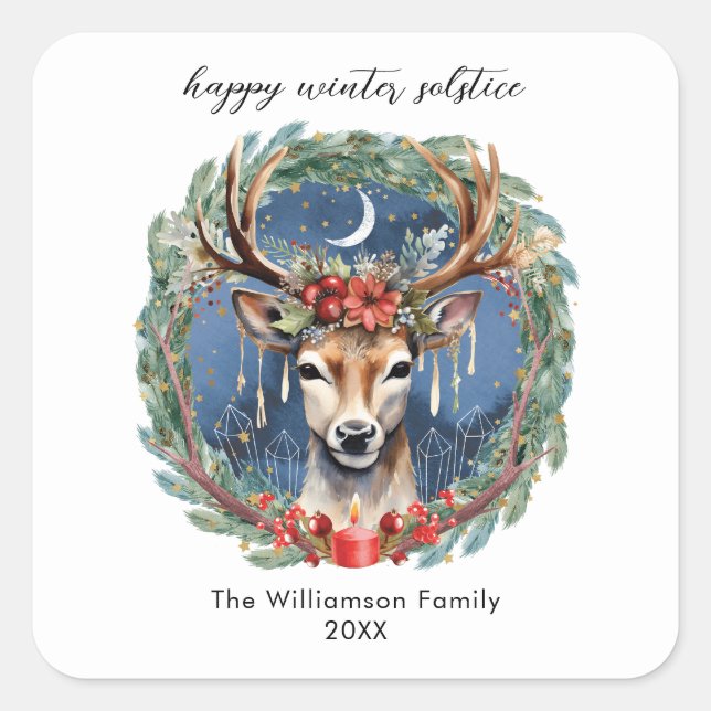 Winter Solstice Holiday Deer Wreath Yule Christmas Square Sticker (Front)
