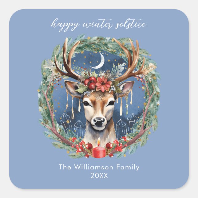 Winter Solstice Holiday Deer Wreath Yule Christmas Square Sticker (Front)