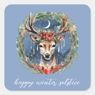 Winter Solstice Holiday Deer Wreath Yule Christmas Square Sticker