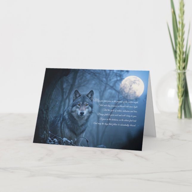 Winter Solstice Holiday Poem with Beautiful Wolf  Card (Front)