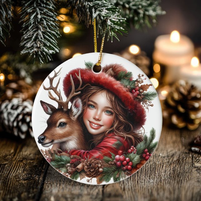 Winter Solstice Holly Girl & Deer Holiday Forest Ceramic Ornament (Winter Solstice Holly Girl & Deer Holiday Forest Ceramic Ornament)