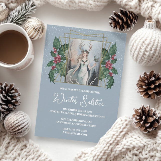 Winter Solstice Nature Goddess Boho Holly Invitation (Cozy Winter Solstice Invtation with Nature Goddess in a Snowy Forest, and Holly Leaves)