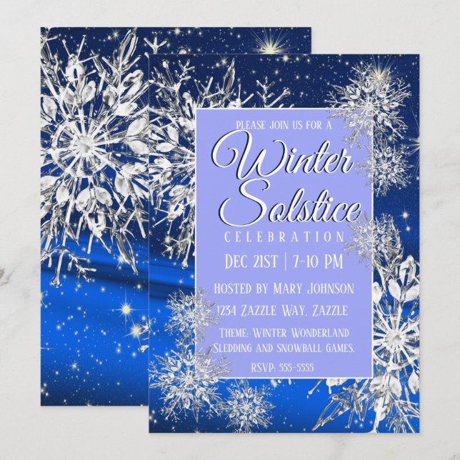 Winter Solstice Snowflake Flurry Blue Invitation (Front/Back)