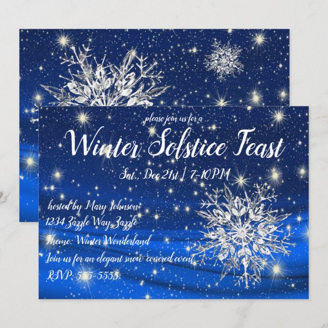 Winter Solstice Snowflakes on Blue Invitation (Front/Back)