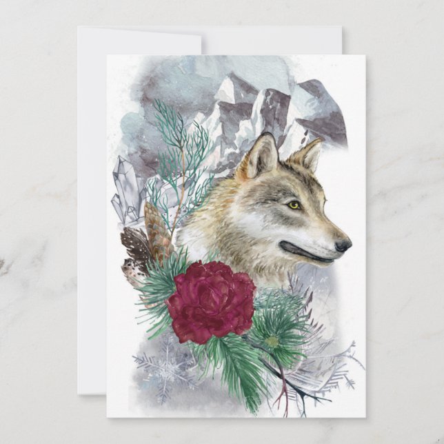 Winter Solstice Wolf & Mountains Pagan Sabbat Holiday Card (Front)