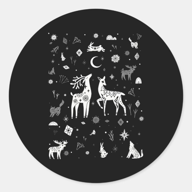 Winter Solstice Woodland Creatures Doodle Classic Round Sticker (Front)