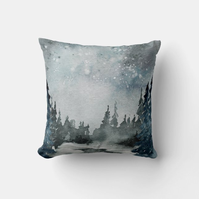 Winter Solstice Woodland Forest Night Sky Scene Throw Pillow (Front)