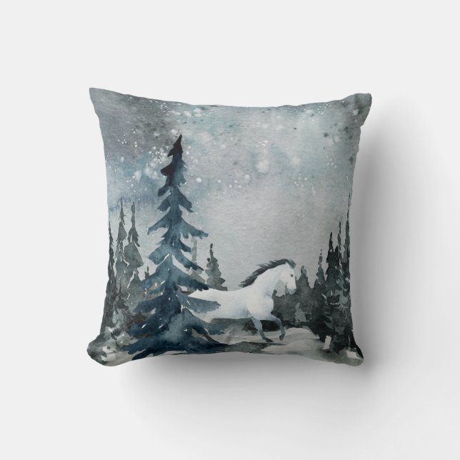 Winter Solstice Woodland Forest White Horse Throw Pillow (Front)