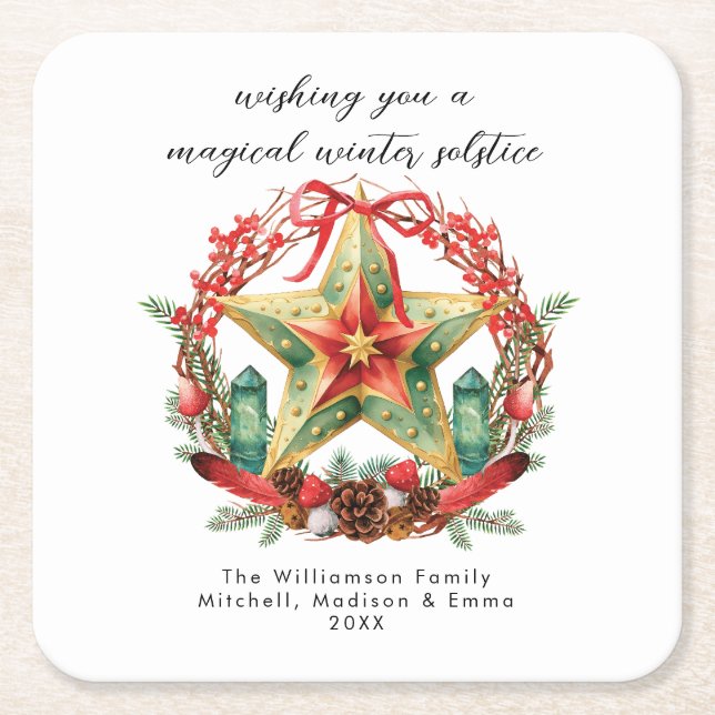 Winter Solstice Wreath Star Holiday Christmas Yule Square Paper Coaster (Front)