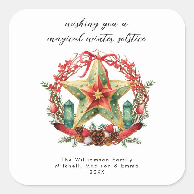 Winter Solstice Wreath Star Holiday Christmas Yule Square Sticker (Front)