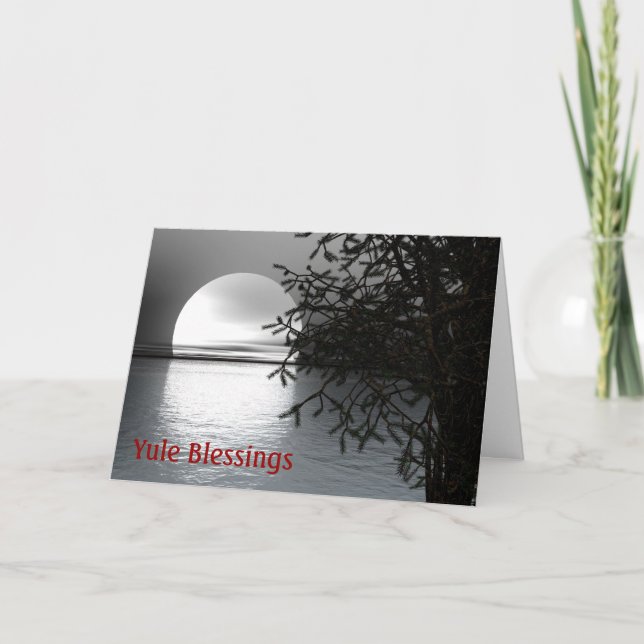 Winter Solstice Yule with moon over water Holiday Card (Front)