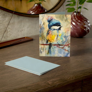 Winter Songbird in Knit Hat   Powder Ash Greeting Card