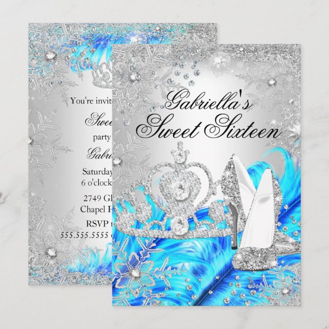 Winter Sparkle Snowflake Blue Sweet 16 Invite (Front/Back)