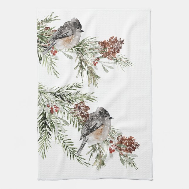 Winter Sparrow Birds Spruce Tree Cones & Berries Kitchen Towel (Vertical)