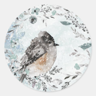 Winter Sparrow Dusty Blue Greenery Wreath Classic Round Sticker