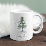 Winter Splendour Pine Tree Personalized Christmas Coffee Mug<br><div class="desc">Designed to match our Winter Splendour holiday party collection,  this festive and elegant mug features your custom text or name,  topped by a watercolor pine tree in muted hunter green with golden stars.</div>