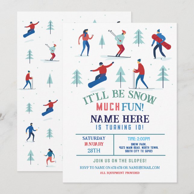 Winter Sports Birthday Party Ski Snowboard Invitation (Front/Back)