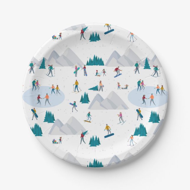 Winter Sports Holiday Fun Pattern Paper Plate (Front)