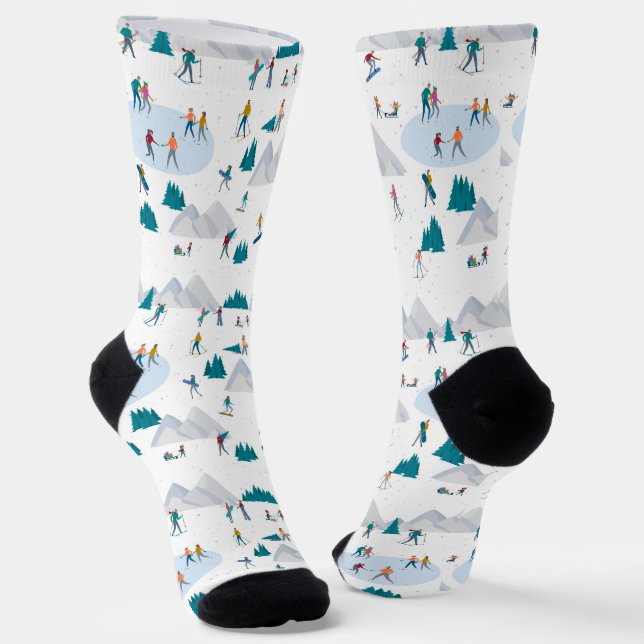 Winter Sports Holiday Fun Pattern Socks (Angled)