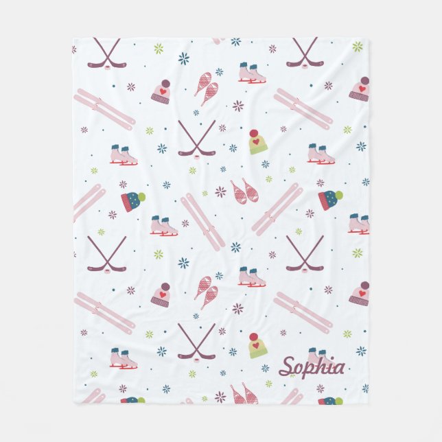 Winter Sports Skating Skiing Hockey Custom Holiday Fleece Blanket (Front)