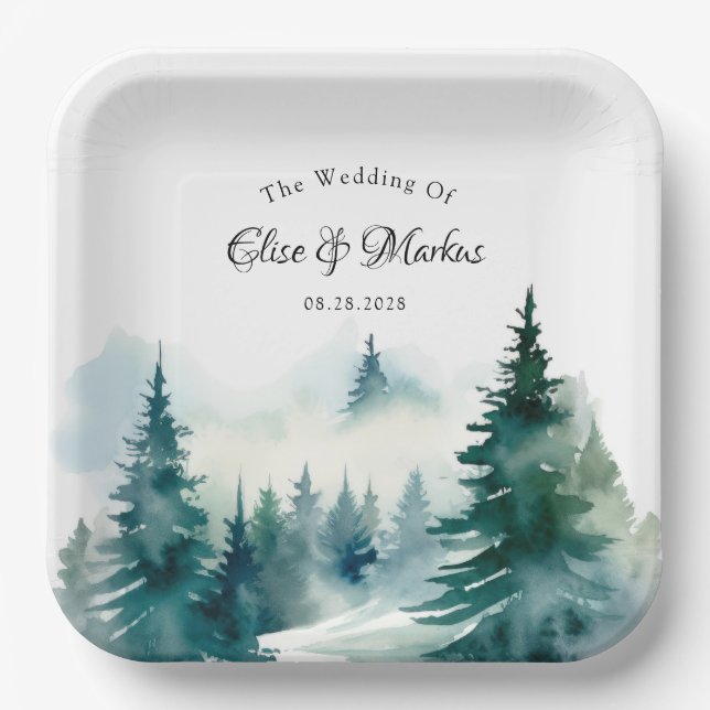 Winter Spruce Christmas Tree Scenery Wedding Paper Plate (Front)