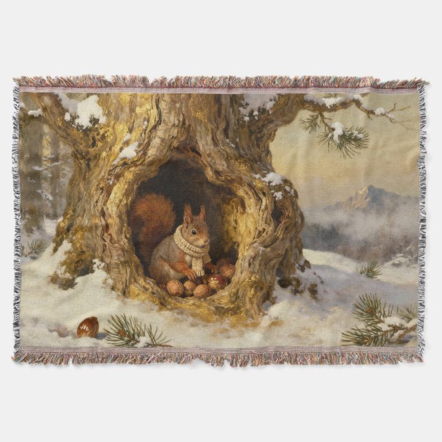 winter squirrel hiding nuts throw blanket (Front)