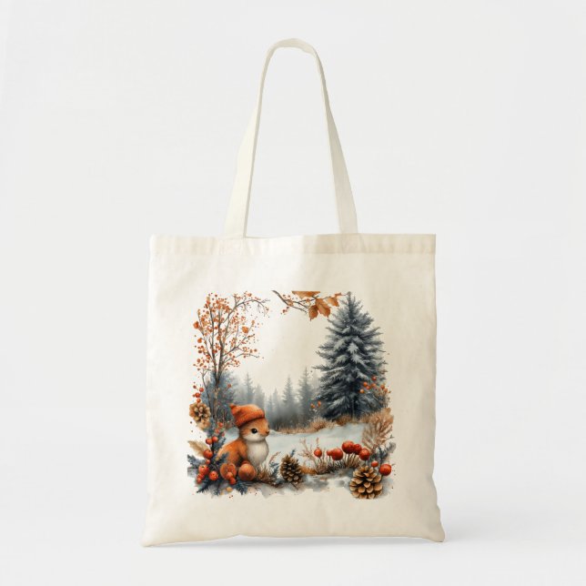Winter Squirrel in Frosted Forest Tote Bag (Front)