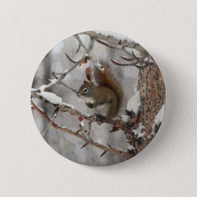 Winter Squirrel, Snow & Red Berries Xmas Design 2 Inch Round Button (Front)