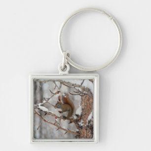 Winter Squirrel, Snow & Red Berries Xmas Design Keychain