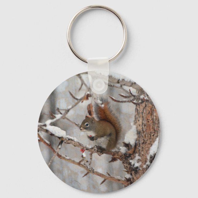 Winter Squirrel, Snow & Red Berries Xmas Design Keychain (Front)