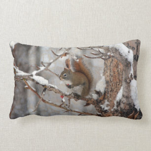Winter Squirrel, Snow & Red Berries Xmas Design Lumbar Pillow