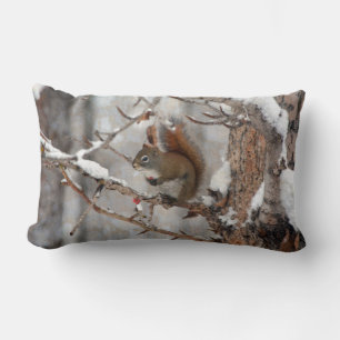 Winter Squirrel, Snow & Red Berries Xmas Design Lumbar Pillow