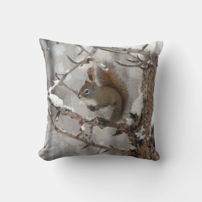 Winter Squirrel, Snow & Red Berries Xmas Design Throw Pillow (Front)