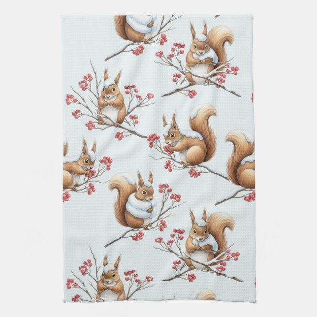 Winter Squirrels Among Snowy Branches Kitchen Towel (Vertical)