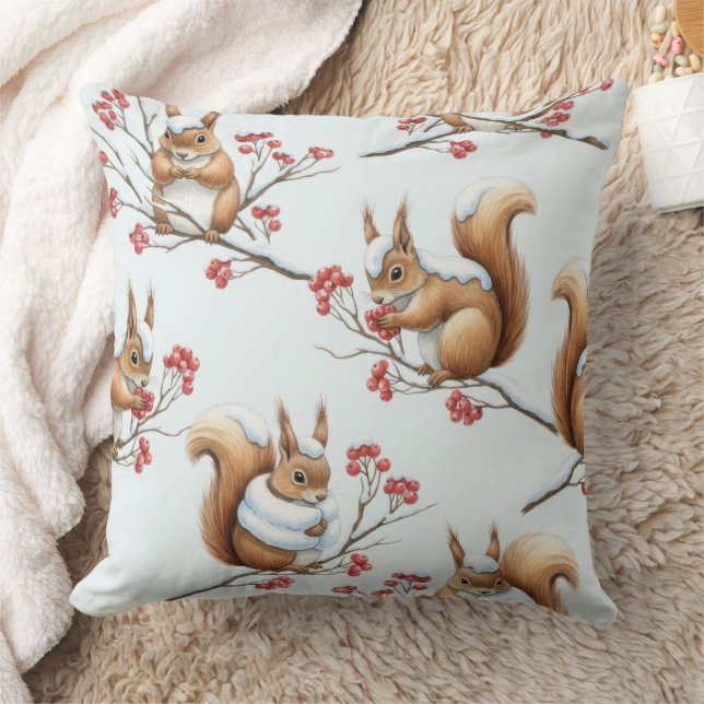 Winter Squirrels Among Snowy Branches Throw Pillow (Blanket)