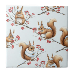 Winter Squirrels Among Snowy Branches Tile