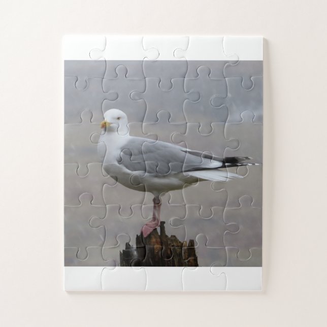Winter Storm Seagull Bird On Wooden Post Jigsaw Puzzle (Vertical)