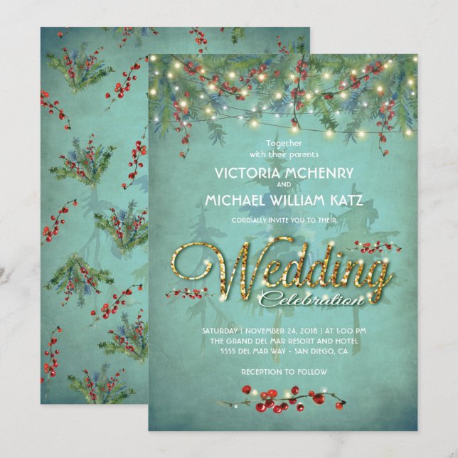 Winter String of lights fir branches Wedding Card (Front/Back)