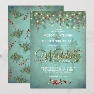 Winter String of lights fir branches Wedding Card