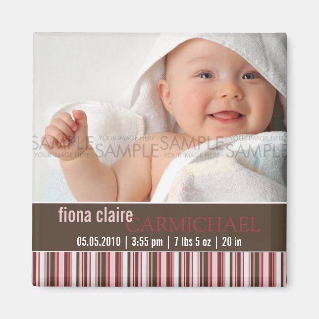 Winter Stripes Pink • Baby Announcement Magnet (Front)