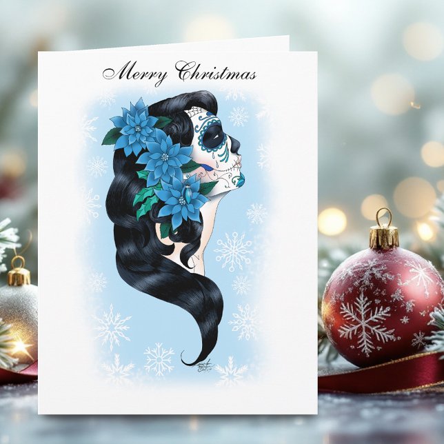 Winter Sugar Skull Blue Snowflakes Card (Creator Uploaded)