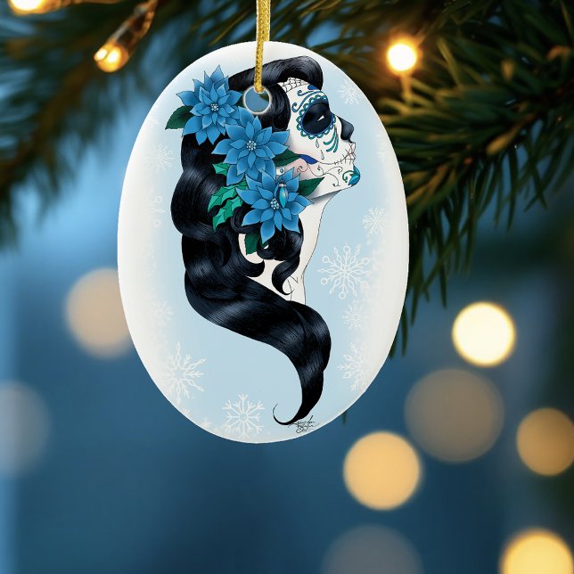 Winter Sugar Skull Blue Snowflakes Ceramic Ornament (Creator Uploaded)