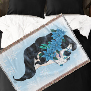Winter Sugar Skull Blue Snowflakes Throw Blanket